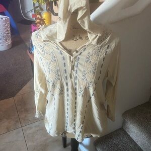 Ralph Lauren Cream Hooded Tunic with Blue Embroidery